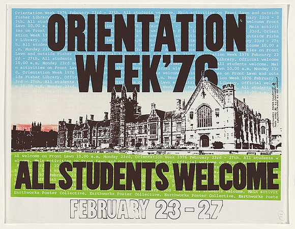 Artist: b'EARTHWORKS POSTER COLLECTIVE' | Title: bOrientation week '76. All students welcome. | Date: 1976 | Technique: b'screenprint, printed in colour, from two stencils' Artist: b'EARTHWORKS POSTER COLLECTIVE' | Title: bOrientation week '76. All students welcome. | Date: 1976 | Technique: b'screenprint, printed in colour, from two stencils'