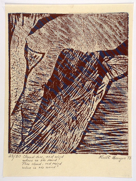 Artist: b'Burgess, Ruth.' | Title: b'Cloud tree, red wind...' | Date: 1993 | Technique: b'woodcut, printed in colour, from multiple blocks' Artist: b'Burgess, Ruth.' | Title: b'Cloud tree, red wind...' | Date: 1993 | Technique: b'woodcut, printed in colour, from multiple blocks'