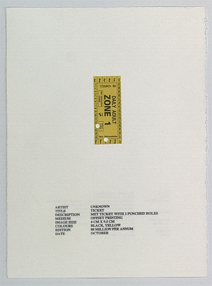 Artist: b'Hesterman, Heather.' | Title: b'Ticket (No. 1 of 4)' | Date: 1995, January | Technique: b'offset printing, printed in black ink' | Copyright: b'\xc2\xa9 Heather Hesterman' Artist: b'Hesterman, Heather.' | Title: b'Ticket (No. 1 of 4)' | Date: 1995, January | Technique: b'offset printing, printed in black ink' | Copyright: b'\xc2\xa9 Heather Hesterman'