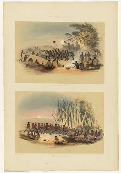 Artist: b'Angas, George French.' | Title: b'The Kuri dance; the Palti dance.' | Date: 1846-47 | Technique: b'lithograph, printed in colour, from multiple stones; varnish highlights by brush' Artist: b'Angas, George French.' | Title: b'The Kuri dance; the Palti dance.' | Date: 1846-47 | Technique: b'lithograph, printed in colour, from multiple stones; varnish highlights by brush'
