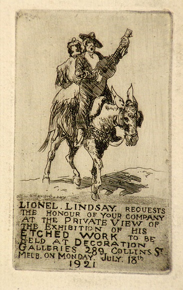 Artist: b'LINDSAY, Lionel' | Title: b'Invitation: Lionel Lindsay, Decoration Galleries, Melbourne' | Date: 1921 | Technique: b'etching and aquatint, printed in black ink, from one plate' | Copyright: b'Courtesy of the National Library of Australia' Artist: b'LINDSAY, Lionel' | Title: b'Invitation: Lionel Lindsay, Decoration Galleries, Melbourne' | Date: 1921 | Technique: b'etching and aquatint, printed in black ink, from one plate' | Copyright: b'Courtesy of the National Library of Australia'