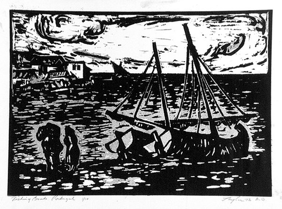 Artist: b'Taylor, John H.' | Title: b'Fishing boats, Portugal' | Date: 1973 | Technique: b'linocut, printed in black and grey, from two blocks' Artist: b'Taylor, John H.' | Title: b'Fishing boats, Portugal' | Date: 1973 | Technique: b'linocut, printed in black and grey, from two blocks'