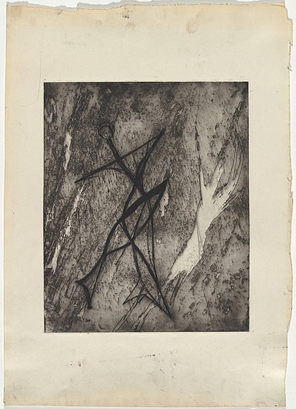 Artist: b'Nolan, Sidney.' | Title: b'(Fish, person forms)' | Date: 1958 | Technique: b'drypoint, deep etch and aquatint, printed in black ink, from one plate' Artist: b'Nolan, Sidney.' | Title: b'(Fish, person forms)' | Date: 1958 | Technique: b'drypoint, deep etch and aquatint, printed in black ink, from one plate'