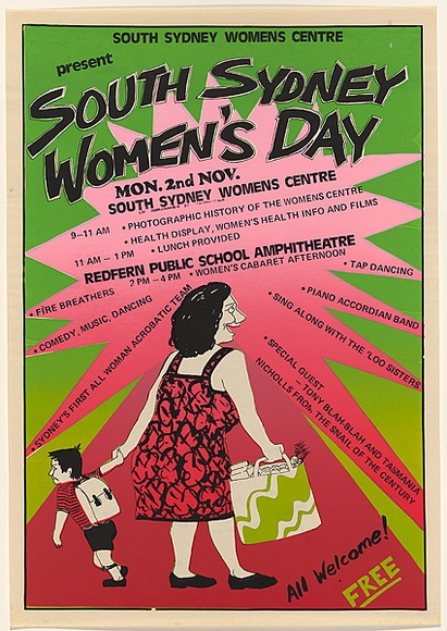 Artist: b'Lane, Leonie.' | Title: bSouth Sydney Women's Day. | Date: 1981 | Technique: b'screenprint, printed in colour, from three stencils' | Copyright: b'\xc2\xa9 Leonie Lane' Artist: b'Lane, Leonie.' | Title: bSouth Sydney Women's Day. | Date: 1981 | Technique: b'screenprint, printed in colour, from three stencils' | Copyright: b'\xc2\xa9 Leonie Lane'