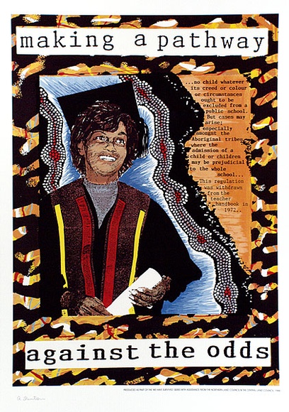 Artist: b'Hinton-Bateup, Alice.' | Title: b'Making a pathway against the odds' | Date: 1988 | Technique: b'offset lithograph, printed in colour, from multiple plates' Artist: b'Hinton-Bateup, Alice.' | Title: b'Making a pathway against the odds' | Date: 1988 | Technique: b'offset lithograph, printed in colour, from multiple plates'