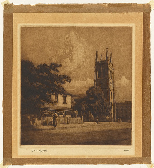 Artist: b'LINDSAY, Lionel' | Title: bSt Philip's church, Sydney | Date: 1919 | Technique: b'mezzotint and etching, printed in brown ink, from one plate' | Copyright: b'Courtesy of the National Library of Australia' Artist: b'LINDSAY, Lionel' | Title: bSt Philip's church, Sydney | Date: 1919 | Technique: b'mezzotint and etching, printed in brown ink, from one plate' | Copyright: b'Courtesy of the National Library of Australia'