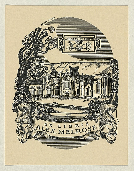 Artist: b'FEINT, Adrian' | Title: b'Bookplate: Alex Melrose.' | Date: (1938) | Technique: b'process block, printed in black ink, from one block' | Copyright: b'Courtesy the Estate of Adrian Feint' Artist: b'FEINT, Adrian' | Title: b'Bookplate: Alex Melrose.' | Date: (1938) | Technique: b'process block, printed in black ink, from one block' | Copyright: b'Courtesy the Estate of Adrian Feint'