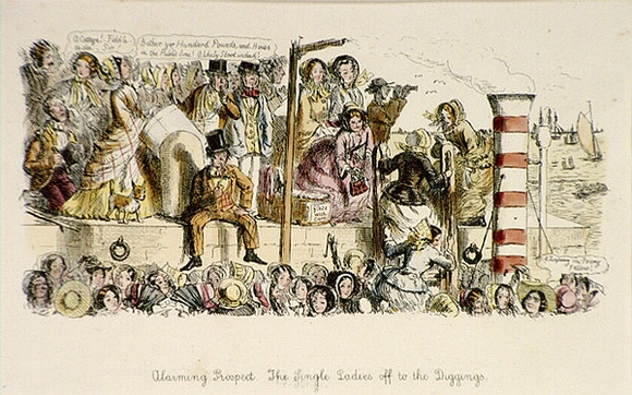 Artist: b'Leech, John.' | Title: b'Alarming prospect - the single ladies off to the diggings' | Date: c.1850 | Technique: b'etching and roulette, printed in black ink, from one plate; hand-coloured' Artist: b'Leech, John.' | Title: b'Alarming prospect - the single ladies off to the diggings' | Date: c.1850 | Technique: b'etching and roulette, printed in black ink, from one plate; hand-coloured'