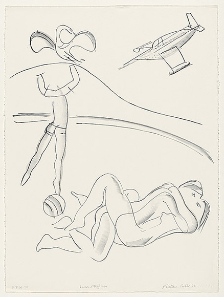 Artist: b'Wallace-Crabbe, Robin.' | Title: b'Lovers and fighter' | Date: 1982 | Technique: b'lithograph, printed in black ink, from one stone' | Copyright: b'\xc2\xa9 Robin Wallace-Crabbe, Licensed by VISCOPY, Australia' Artist: b'Wallace-Crabbe, Robin.' | Title: b'Lovers and fighter' | Date: 1982 | Technique: b'lithograph, printed in black ink, from one stone' | Copyright: b'\xc2\xa9 Robin Wallace-Crabbe, Licensed by VISCOPY, Australia'