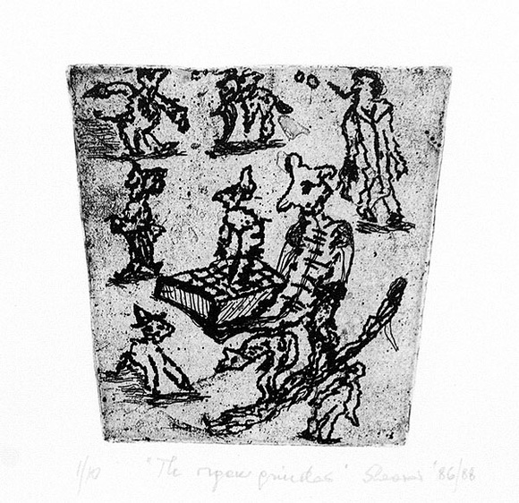 Artist: b'Shearer, Mitzi.' | Title: b'The organ grinder' | Date: 1986 | Technique: b'etching, printed in black, with plate-tone, from one plate' Artist: b'Shearer, Mitzi.' | Title: b'The organ grinder' | Date: 1986 | Technique: b'etching, printed in black, with plate-tone, from one plate'