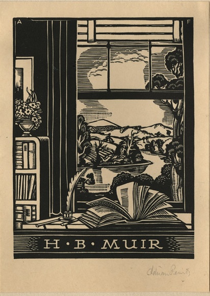 Artist: b'FEINT, Adrian' | Title: b'Bookplate: H.B.Muir.' | Date: 1936 | Technique: b'wood-engraving, printed in black ink, from one block' | Copyright: b'Courtesy the Estate of Adrian Feint' Artist: b'FEINT, Adrian' | Title: b'Bookplate: H.B.Muir.' | Date: 1936 | Technique: b'wood-engraving, printed in black ink, from one block' | Copyright: b'Courtesy the Estate of Adrian Feint'