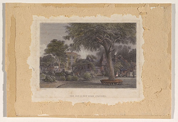 Artist: b'Willmore, A.' | Title: b'The old and new home stations.' | Date: 1873-76 | Technique: b'steel engraving, printed in black ink, from one plate; later hand-colouring'