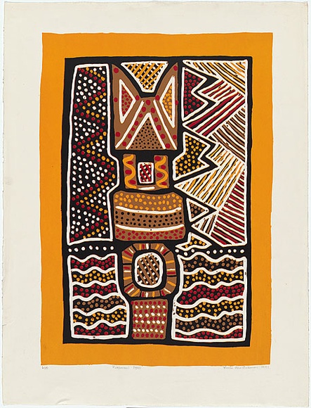 Artist: b'Puruntatameri, Thecla.' | Title: b'Pukumani poles' | Date: 1991 | Technique: b'screnprint, printed in colour, from multiple stencils' Artist: b'Puruntatameri, Thecla.' | Title: b'Pukumani poles' | Date: 1991 | Technique: b'screnprint, printed in colour, from multiple stencils'
