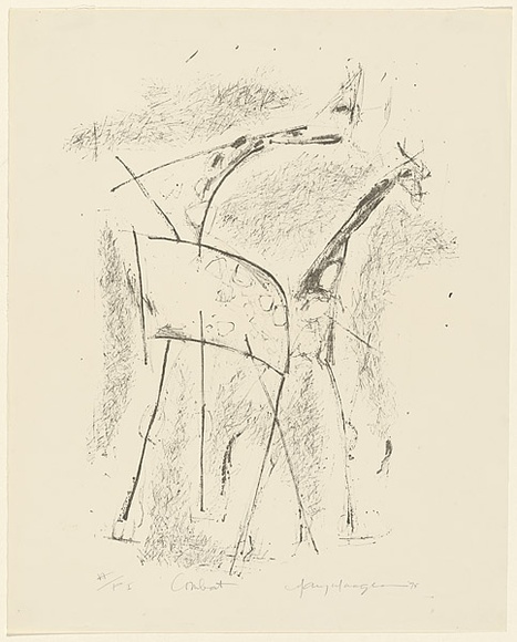 Artist: b'MACQUEEN, Mary' | Title: b'Combat' | Date: 1975 | Technique: b'lithograph, printed in black ink, from one plate' | Copyright: b'Courtesy Paulette Calhoun, for the estate of Mary Macqueen' Artist: b'MACQUEEN, Mary' | Title: b'Combat' | Date: 1975 | Technique: b'lithograph, printed in black ink, from one plate' | Copyright: b'Courtesy Paulette Calhoun, for the estate of Mary Macqueen'
