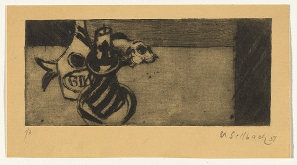 Artist: b'SELLBACH, Udo' | Title: b'Still life' | Date: 1951 | Technique: b'drypoint and etching, printed in black ink with plate-tone, from one plate' Artist: b'SELLBACH, Udo' | Title: b'Still life' | Date: 1951 | Technique: b'drypoint and etching, printed in black ink with plate-tone, from one plate'