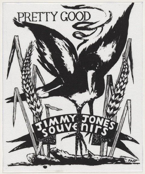Artist: b'WORSTEAD, Paul' | Title: b'Pretty Good - Jimmy Jones Souvenirs' | Date: 1990 | Technique: b'screenprint, printed in black ink, from one stencil' | Copyright: b'This work appears on screen courtesy of the artist' Artist: b'WORSTEAD, Paul' | Title: b'Pretty Good - Jimmy Jones Souvenirs' | Date: 1990 | Technique: b'screenprint, printed in black ink, from one stencil' | Copyright: b'This work appears on screen courtesy of the artist'