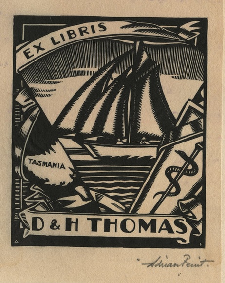 Artist: b'FEINT, Adrian' | Title: b'Bookplate: D & H Thomas.' | Date: (1929) | Technique: b'wood-engraving, printed in black ink, from one block' | Copyright: b'Courtesy the Estate of Adrian Feint' Artist: b'FEINT, Adrian' | Title: b'Bookplate: D & H Thomas.' | Date: (1929) | Technique: b'wood-engraving, printed in black ink, from one block' | Copyright: b'Courtesy the Estate of Adrian Feint'