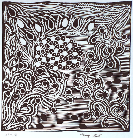 Artist: b'STREET, Mervyn' | Title: b'Bush food' | Date: 1999, September | Technique: b'linocut, printed in black ink, from one block' Artist: b'STREET, Mervyn' | Title: b'Bush food' | Date: 1999, September | Technique: b'linocut, printed in black ink, from one block'