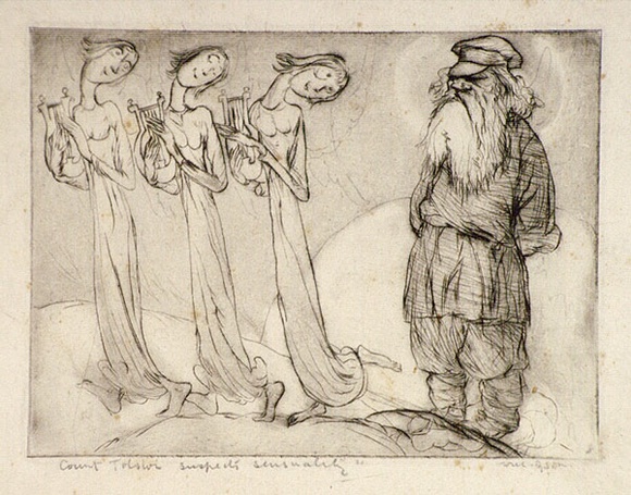 Artist: b'Dyson, Will.' | Title: b'Our immortals: Count Leo Tolstoi suspecting an element of sensuality in the Heavenly choir.' | Date: c.1929 | Technique: b'drypoint, printed in black ink, from one plate' Artist: b'Dyson, Will.' | Title: b'Our immortals: Count Leo Tolstoi suspecting an element of sensuality in the Heavenly choir.' | Date: c.1929 | Technique: b'drypoint, printed in black ink, from one plate'