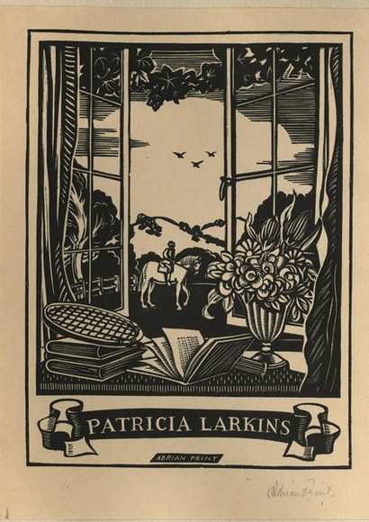 Artist: b'FEINT, Adrian' | Title: b'Bookplate: Patricia Larkins.' | Date: (1936) | Technique: b'wood-engraving, printed in black ink, from one block' | Copyright: b'Courtesy the Estate of Adrian Feint' Artist: b'FEINT, Adrian' | Title: b'Bookplate: Patricia Larkins.' | Date: (1936) | Technique: b'wood-engraving, printed in black ink, from one block' | Copyright: b'Courtesy the Estate of Adrian Feint'