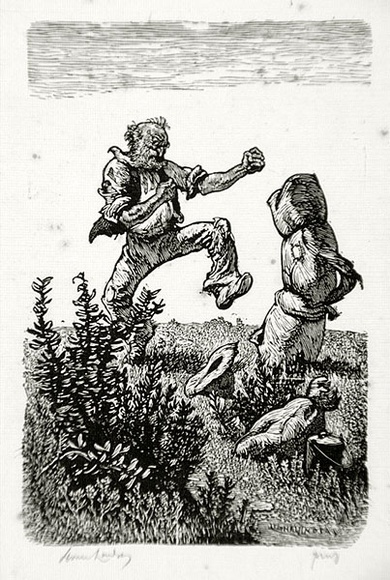 Artist: b'LINDSAY, Lionel' | Title: b'Swagman fighting swag' | Date: 1939 | Technique: b'wood-engraving, printed in black ink, from one block' | Copyright: b'Courtesy of the National Library of Australia' Artist: b'LINDSAY, Lionel' | Title: b'Swagman fighting swag' | Date: 1939 | Technique: b'wood-engraving, printed in black ink, from one block' | Copyright: b'Courtesy of the National Library of Australia'
