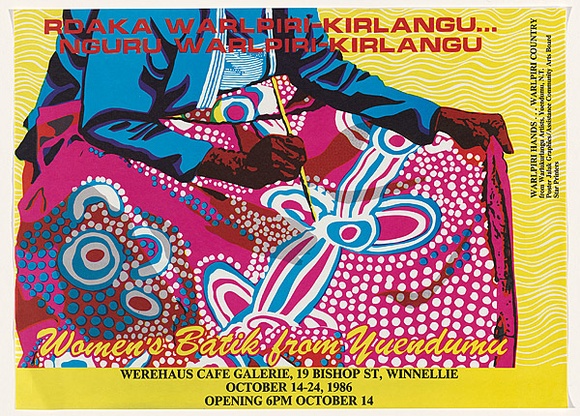 Artist: b'Jalak Graphics.' | Title: bRdaka Warlpiri-Kirlangu Nguru Warlpiri-Kirlangu (Women's batik from Yuendumu) | Date: 1986 | Technique: b'offset-lithograph, printed in colour, from four process plates' Artist: b'Jalak Graphics.' | Title: bRdaka Warlpiri-Kirlangu Nguru Warlpiri-Kirlangu (Women's batik from Yuendumu) | Date: 1986 | Technique: b'offset-lithograph, printed in colour, from four process plates'