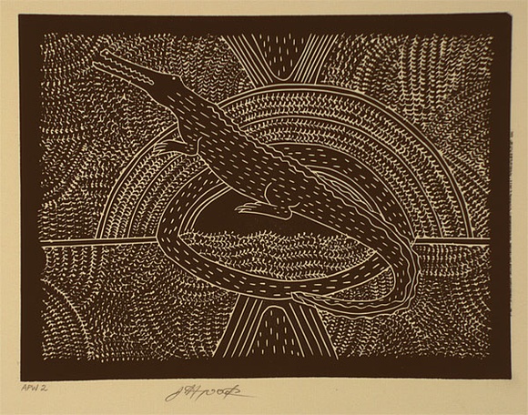 Artist: b'Nargoodah, John.' | Title: b'Crocodile' | Date: 1994, October - November | Technique: b'linocut, printed in black ink, from one block' Artist: b'Nargoodah, John.' | Title: b'Crocodile' | Date: 1994, October - November | Technique: b'linocut, printed in black ink, from one block'