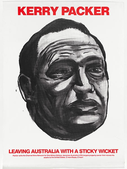 Artist: b'Clutterbuck, Bob.' | Title: b'Kerry Packer: leaving Australia with a sticky wicket.' | Date: 1987 | Technique: b'screenprint, printed in colour, from two stencils' Artist: b'Clutterbuck, Bob.' | Title: b'Kerry Packer: leaving Australia with a sticky wicket.' | Date: 1987 | Technique: b'screenprint, printed in colour, from two stencils'