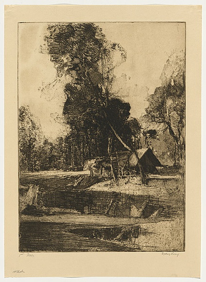 Artist: b'Long, Sydney.' | Title: b'The camp in the forest' | Date: 1920 | Technique: b'softground-etching, printed in warm black ink, from one plate' | Copyright: b'Reproduced with the kind permission of the Ophthalmic Research Institute of Australia' Artist: b'Long, Sydney.' | Title: b'The camp in the forest' | Date: 1920 | Technique: b'softground-etching, printed in warm black ink, from one plate' | Copyright: b'Reproduced with the kind permission of the Ophthalmic Research Institute of Australia'