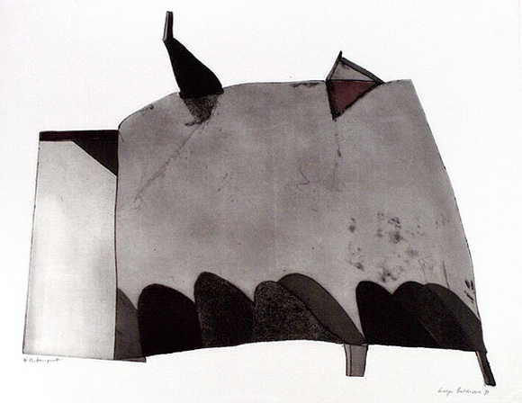 Artist: b'BALDESSIN, George' | Title: b'The banquet.' | Date: 1971 | Technique: b'etching and aquatint, printed in black ink, from one shaped plate; stencil, printed in pink ink, from three stencils.' Artist: b'BALDESSIN, George' | Title: b'The banquet.' | Date: 1971 | Technique: b'etching and aquatint, printed in black ink, from one shaped plate; stencil, printed in pink ink, from three stencils.'