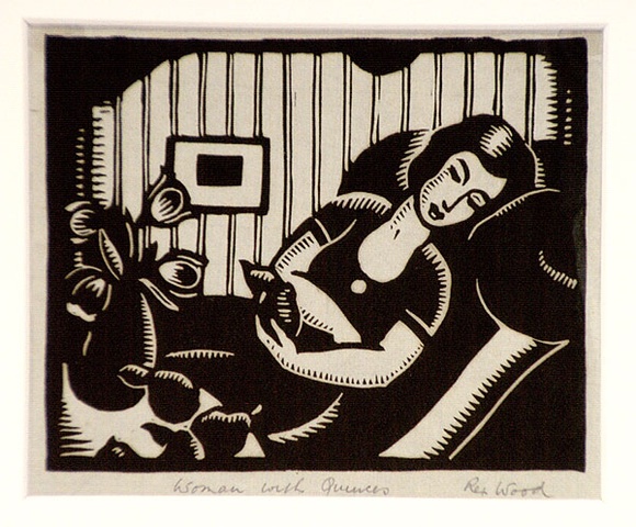 Artist: b'Wood, Rex.' | Title: b'Woman with quinces' | Date: c.1933 | Technique: b'linocut, printed in black ink, from one block' Artist: b'Wood, Rex.' | Title: b'Woman with quinces' | Date: c.1933 | Technique: b'linocut, printed in black ink, from one block'