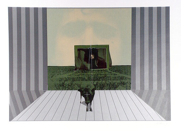 Artist: b'SHOMALY, Alberr' | Title: b'Self portrait with a cow, III' | Date: 1971 | Technique: b'screenprint, printed in colour, from multiple screens' Artist: b'SHOMALY, Alberr' | Title: b'Self portrait with a cow, III' | Date: 1971 | Technique: b'screenprint, printed in colour, from multiple screens'
