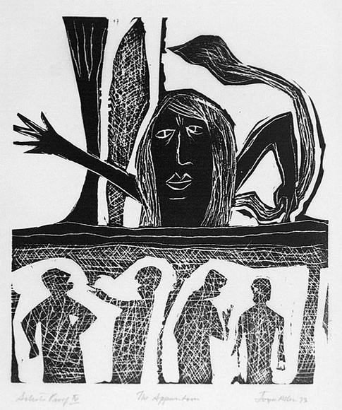 Artist: b'Allen, Joyce.' | Title: b'The apparition.' | Date: 1973 | Technique: b'linocut, printed in black ink, from one block' Artist: b'Allen, Joyce.' | Title: b'The apparition.' | Date: 1973 | Technique: b'linocut, printed in black ink, from one block'