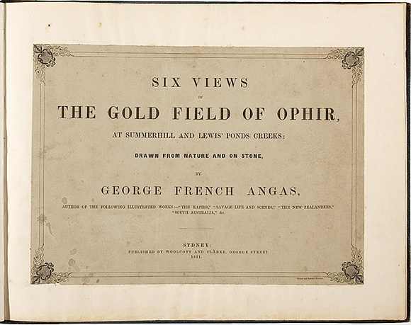 Artist: b'Angas, George French.' | Title: bSix views of the Gold Field of Ophir, at Summerhill and Lewis's Ponds Creeks; drawn from nature and on stone, by George French Angas. | Date: 1851 | Technique: b'letterpress; lithographs, printed in colour, each from multiple stones' Artist: b'Angas, George French.' | Title: bSix views of the Gold Field of Ophir, at Summerhill and Lewis's Ponds Creeks; drawn from nature and on stone, by George French Angas. | Date: 1851 | Technique: b'letterpress; lithographs, printed in colour, each from multiple stones'