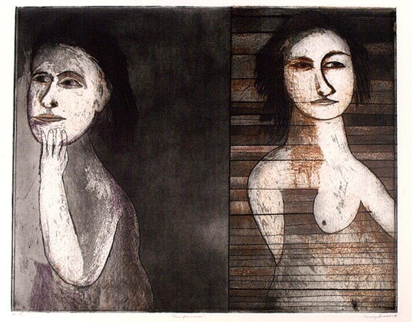 Artist: b'BALDESSIN, George' | Title: b'Performers.' | Date: 1974 | Technique: b'etching and aquatint, printed in black, brown, and purple ink, from one plate' Artist: b'BALDESSIN, George' | Title: b'Performers.' | Date: 1974 | Technique: b'etching and aquatint, printed in black, brown, and purple ink, from one plate'