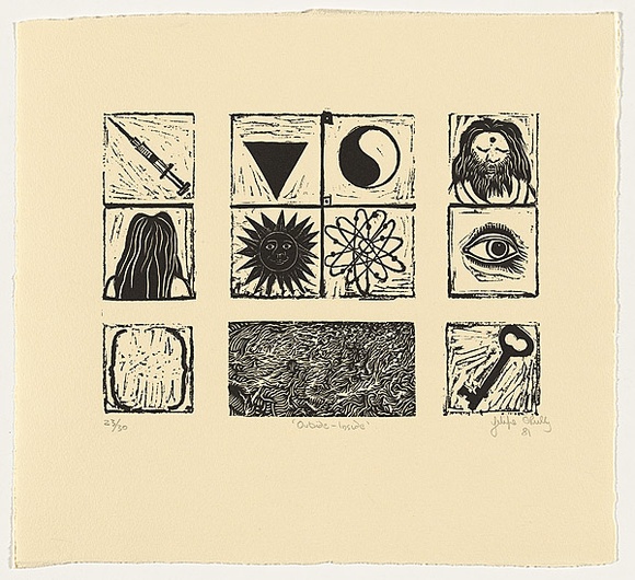 Artist: bO'Reilly, Felipe. | Title: b'Outside- inside' | Date: 1981 | Technique: b'linocut, printed in black ink, from one block' Artist: bO'Reilly, Felipe. | Title: b'Outside- inside' | Date: 1981 | Technique: b'linocut, printed in black ink, from one block'