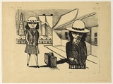 Artist: Blackman, Charles. | Title: Schoolgirls with suitcase. | Date: (1953) | Technique: lithograph, printed in black ink, from one zinc plate