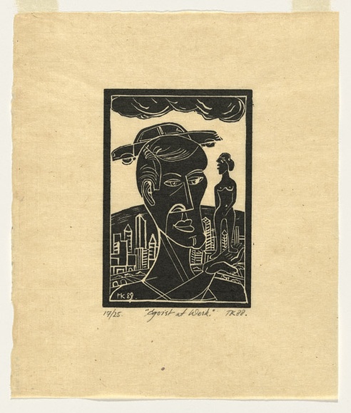 Artist: b'KONING, Theo' | Title: b'Egoist at work' | Date: 1988 | Technique: b'linocut, printed in black ink, from one block' | Copyright: b'\xc2\xa9 Theo Koning' Artist: b'KONING, Theo' | Title: b'Egoist at work' | Date: 1988 | Technique: b'linocut, printed in black ink, from one block' | Copyright: b'\xc2\xa9 Theo Koning'