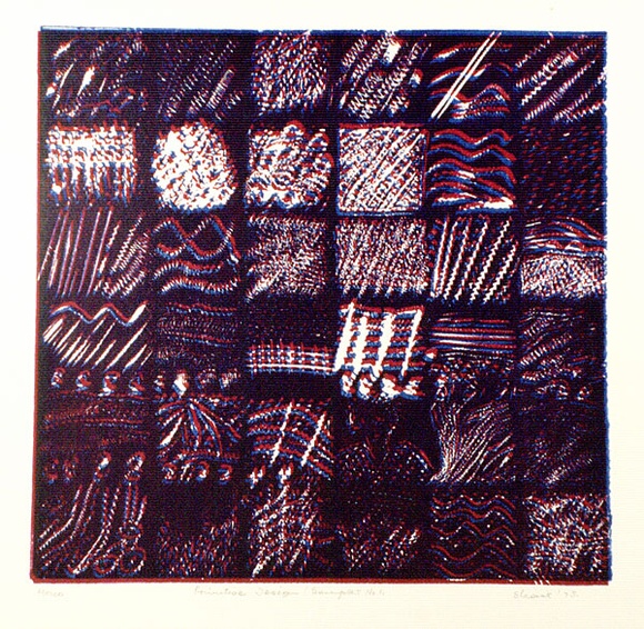 Artist: b'Shearer, Mitzi.' | Title: b'Primitive design (sampler No.1)' | Date: 1975 | Technique: b'linocut, printed in colour, from two blocks' Artist: b'Shearer, Mitzi.' | Title: b'Primitive design (sampler No.1)' | Date: 1975 | Technique: b'linocut, printed in colour, from two blocks'