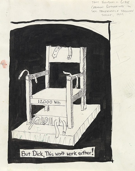 Artist: b'Wonderful Art Nuances Club (WANC).' | Title: bBut Dick, this won't work either!. (Poster supporting SEC maintenance workers' strike, La Trobe Valley, Victoria, 1977). | Date: (1977) | Technique: b'brush and ink on ballpoint pen' Artist: b'Wonderful Art Nuances Club (WANC).' | Title: bBut Dick, this won't work either!. (Poster supporting SEC maintenance workers' strike, La Trobe Valley, Victoria, 1977). | Date: (1977) | Technique: b'brush and ink on ballpoint pen'