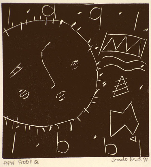 Artist: b'Bruch, Sandy.' | Title: b'New year card (1991)' | Date: 1991, January | Technique: b'linocut, printed in black ink, from one block' Artist: b'Bruch, Sandy.' | Title: b'New year card (1991)' | Date: 1991, January | Technique: b'linocut, printed in black ink, from one block'