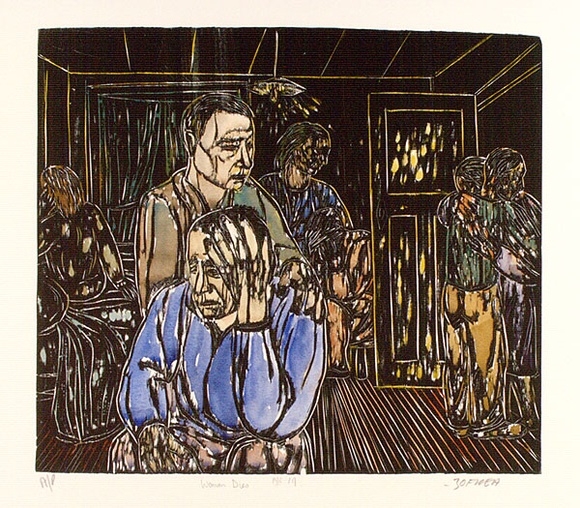 Artist: b'Zofrea, Salvatore.' | Title: b'Woman dies.' | Date: 1989 | Technique: b'woodcut, printed in black, from one block; hand-coloured' | Copyright: b'\xc2\xa9 Salvatore Zofrea, 1989' Artist: b'Zofrea, Salvatore.' | Title: b'Woman dies.' | Date: 1989 | Technique: b'woodcut, printed in black, from one block; hand-coloured' | Copyright: b'\xc2\xa9 Salvatore Zofrea, 1989'