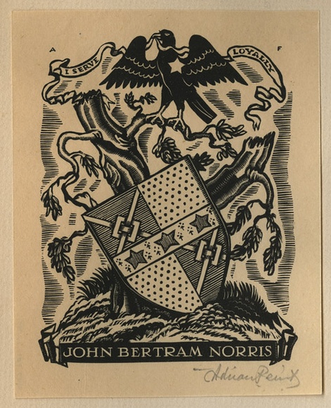 Artist: b'FEINT, Adrian' | Title: b'Bookplate: John Bertram Norris.' | Date: (1934) | Technique: b'wood-engraving, printed in black ink, from one block' | Copyright: b'Courtesy the Estate of Adrian Feint' Artist: b'FEINT, Adrian' | Title: b'Bookplate: John Bertram Norris.' | Date: (1934) | Technique: b'wood-engraving, printed in black ink, from one block' | Copyright: b'Courtesy the Estate of Adrian Feint'