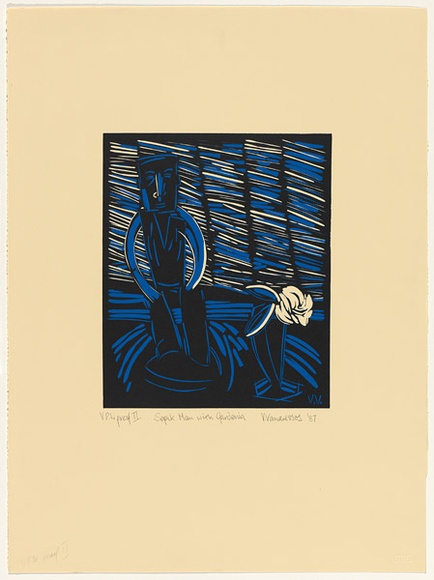 Artist: b'Varvaressos, Vicki.' | Title: b'Sepik man with Gardenia' | Date: 1987 | Technique: b'linocut, printed in colour, from two blocks' | Copyright: b'\xc2\xa9 Vicki Varvaressos. Licensed by VISCOPY, Australia' Artist: b'Varvaressos, Vicki.' | Title: b'Sepik man with Gardenia' | Date: 1987 | Technique: b'linocut, printed in colour, from two blocks' | Copyright: b'\xc2\xa9 Vicki Varvaressos. Licensed by VISCOPY, Australia'