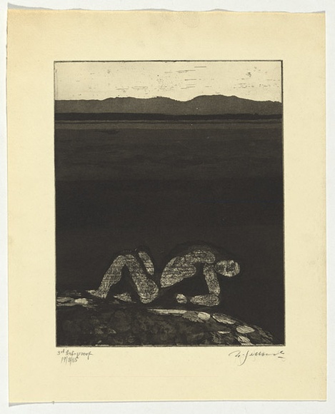 Artist: b'SELLBACH, Udo' | Title: b'(Figure and landscape)' | Date: 1965 | Technique: b'etching and aquatint printed in black ink, from one plate' Artist: b'SELLBACH, Udo' | Title: b'(Figure and landscape)' | Date: 1965 | Technique: b'etching and aquatint printed in black ink, from one plate'