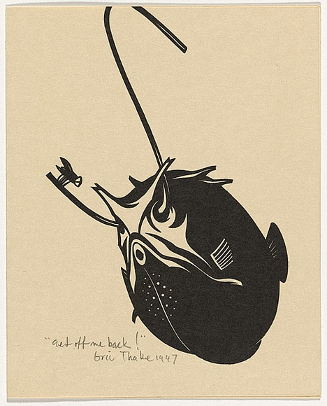 Artist: b'Thake, Eric.' | Title: b'Greeting card: Christmas (Get off me back!)' | Date: 1947 | Technique: b'linocut, printed in black ink, from one block' Artist: b'Thake, Eric.' | Title: b'Greeting card: Christmas (Get off me back!)' | Date: 1947 | Technique: b'linocut, printed in black ink, from one block'