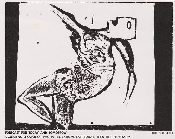 Artist: b'SELLBACH, Udo' | Title: b'Forecast for today and tomorrow' | Date: 1967 | Technique: b'linocut'