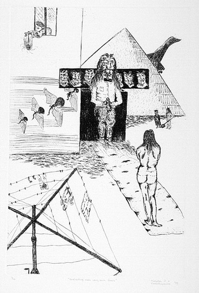 Artist: b'Nedelkopoulos, Nicholas.' | Title: bConfronting one's very own fears | Date: 1975 | Technique: b'etching, printed in black ink, from one plate' Artist: b'Nedelkopoulos, Nicholas.' | Title: bConfronting one's very own fears | Date: 1975 | Technique: b'etching, printed in black ink, from one plate'