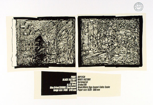 Artist: b'ARNOLD, Raymond' | Title: b'Black factory/white factory.' | Date: 1987 | Technique: b'screenprint, printed in colour, from multiple stencils' Artist: b'ARNOLD, Raymond' | Title: b'Black factory/white factory.' | Date: 1987 | Technique: b'screenprint, printed in colour, from multiple stencils'