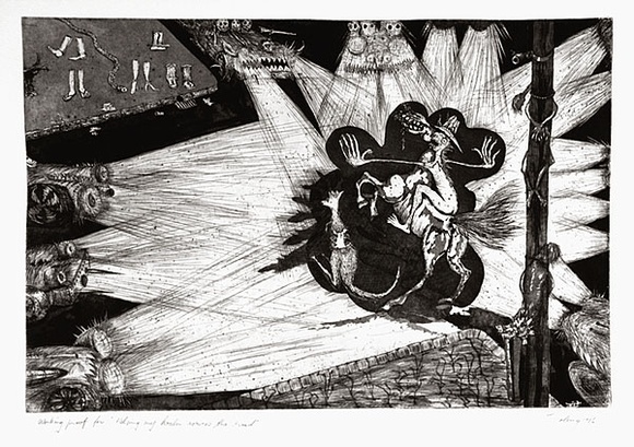 Artist: b'COLEING, Tony' | Title: b'Helping my Koala across the road.' | Date: 1986 | Technique: b'etching, aquatint and roulette, printed in black ink, from one copper plate' Artist: b'COLEING, Tony' | Title: b'Helping my Koala across the road.' | Date: 1986 | Technique: b'etching, aquatint and roulette, printed in black ink, from one copper plate'